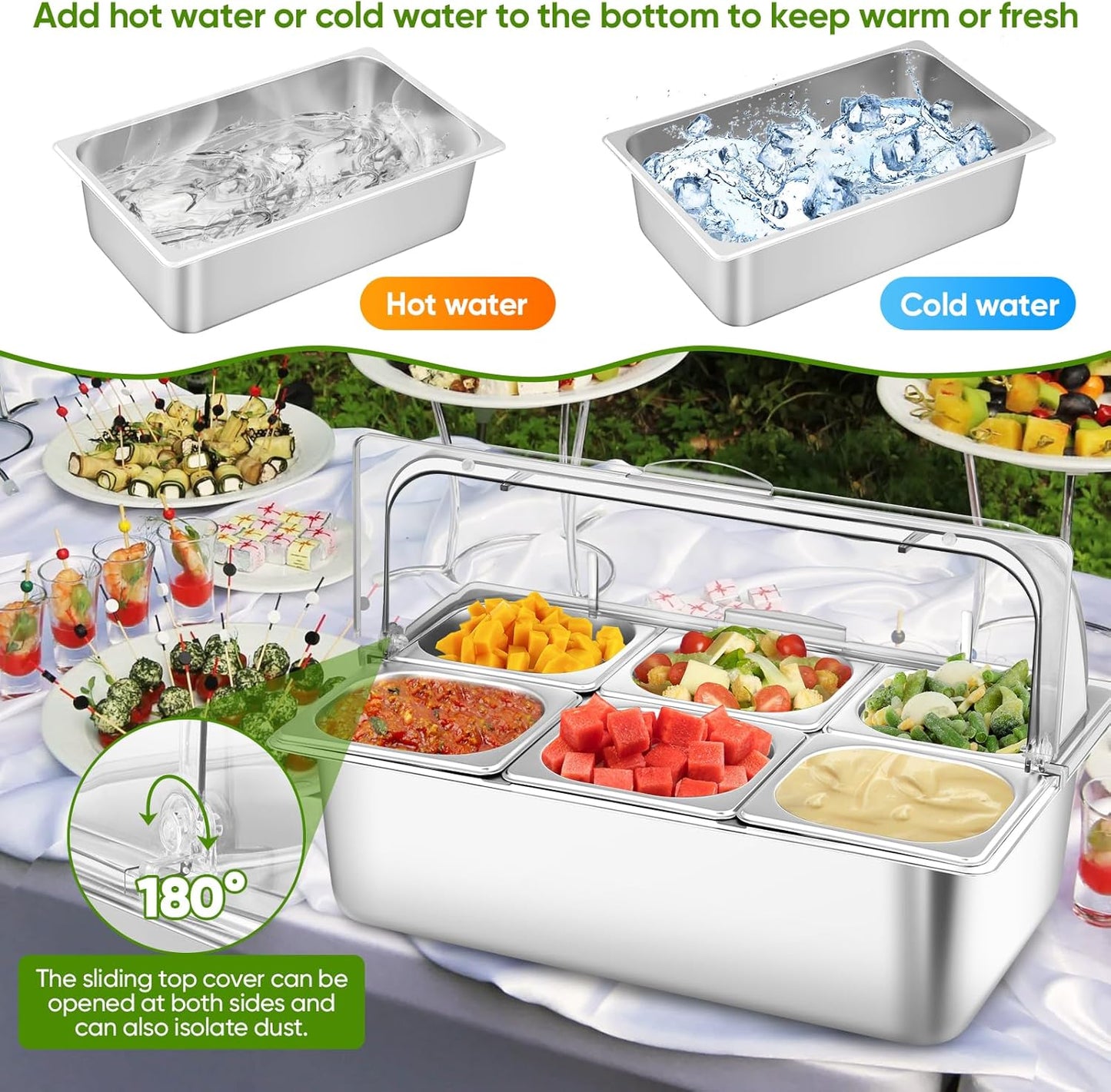 Countertop Food Serving Display Container with Clear Roll Top Cover, Stainless Steel Serving Tray Buffet Condiment Dispenser Ice Cooled Food Display Rack Pans(6 Pan)