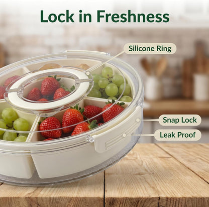 Rotating Divided Serving Tray with Lid and Handle, 6 Compartment Snackle Box Container, Airtight Portable Veggie Fruit Tray for Party Picnic Kitchen Camping