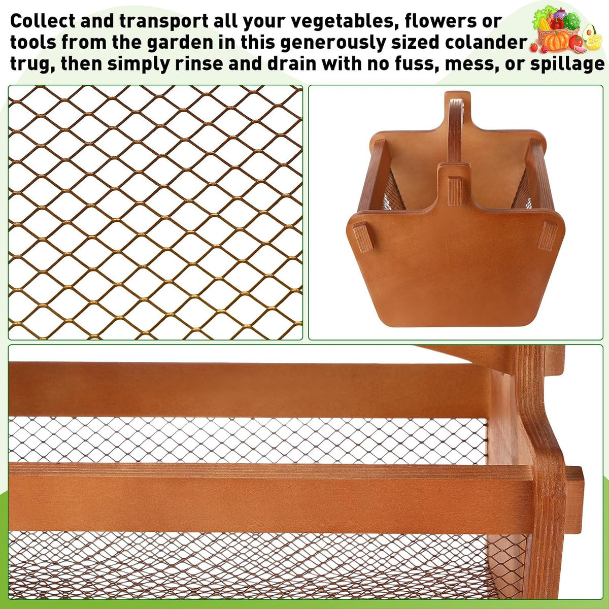 Teenyyou Garden Harvest Basket Mesh Storage with Handle Versatile Gardening Fruits Vegetables Gathering Basket Garden Supply Gardener Gift for Farmer Washing Holding(Brown,19in)