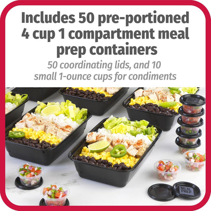 GoodCook Everyday Meal Prep 1‑Compartment Set with 50 Containers + 10 condiment cups with lids, made without BPA, Black