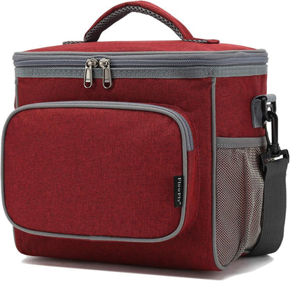 FlowFly Insulated Reusable Lunch Bag Adult Large Lunch Box for Women and Men with Adjustable Shoulder Strap,Front Zipper Pocket and Dual Large Mesh Side Pockets,Cherry - Colors A