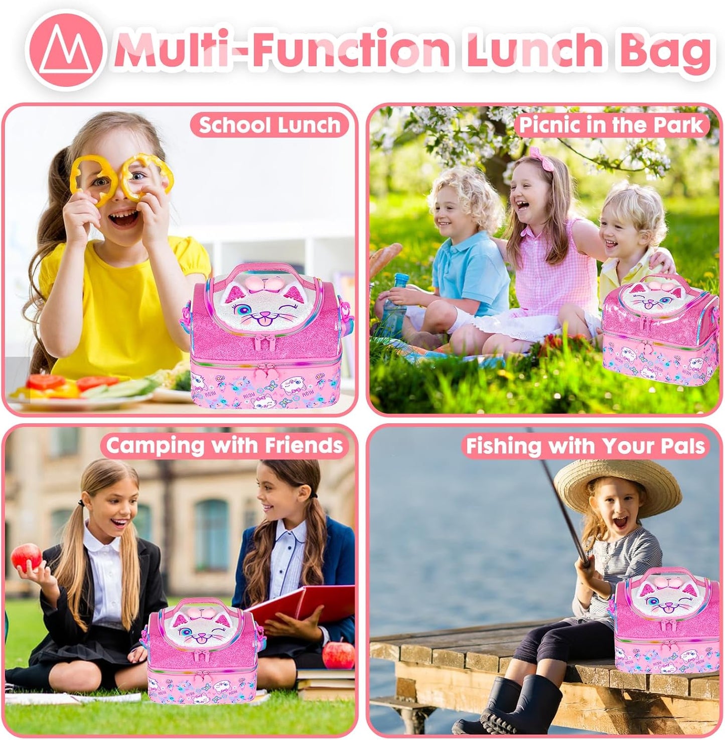 Kids Double Decker Cooler Insulated Lunch Bag, Back to School Large Meal Tote for Boys, Girls, Men, Women, with Adjustable Strap, Soccer