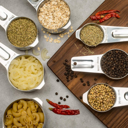 13-piece Measuring Cups and Spoons Set, 18/8 Stainless Steel Heavy Duty Ergonomic Handle with Ring Connector, Silver