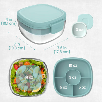 Bentgo Glass Salad Container - 7.6-Cup Salad Bowl with Airtight Lid, Leak-Proof Sauce Container, 4-Compartment Bento Tray & Reusable Fork - BPA-Free for Meal Prep, Office & More (Light Blue)
