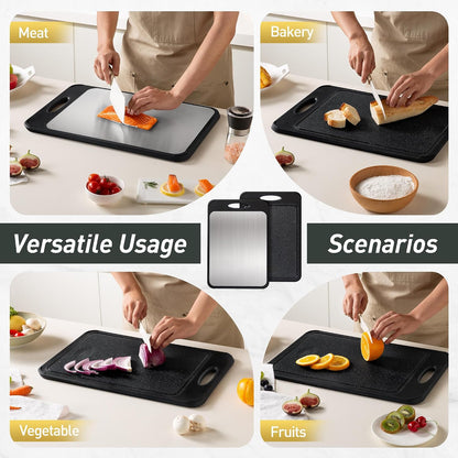 2 Packs Stainless Steel Cutting Board Set, Best Non Toxic Cutting Boards for Kitchen, Double Sided Metal Chopping Board for Meat/Fruit/Vegetables, Food Grade Kitchen Set Gift, [16”×11”+18”×12” Inch]