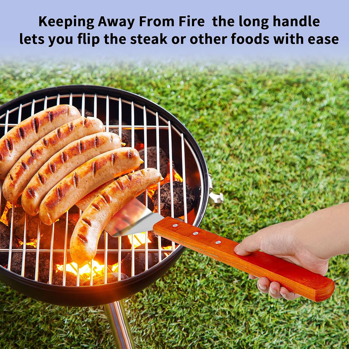 2 Pieces BBQ Extra Long Grill Turner and Grill Spatula, Stainless Steel Barbecue Grilling Accessories, Slotted Spatula and Solid Kitchen Spatula with Wooden Handle, 20 Inch