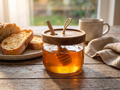 Honey Jar Pot Glass Holder Dispenser Set with Wooden Dipper Stick and Acacia Lid Cover - 14 Oz Honey Jar with Dipper and Lid - Modern Glass Honey Dispenser & Honey Drizzler for Home Kitchen Decor