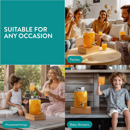 Navaris Glass Drink Dispenser with Tap - 0.7gal (2.7L) Ripple Design Beverage Dispenser - Party Beverage Container for Cocktails, Juice, Water - Ideal for Parties & Events