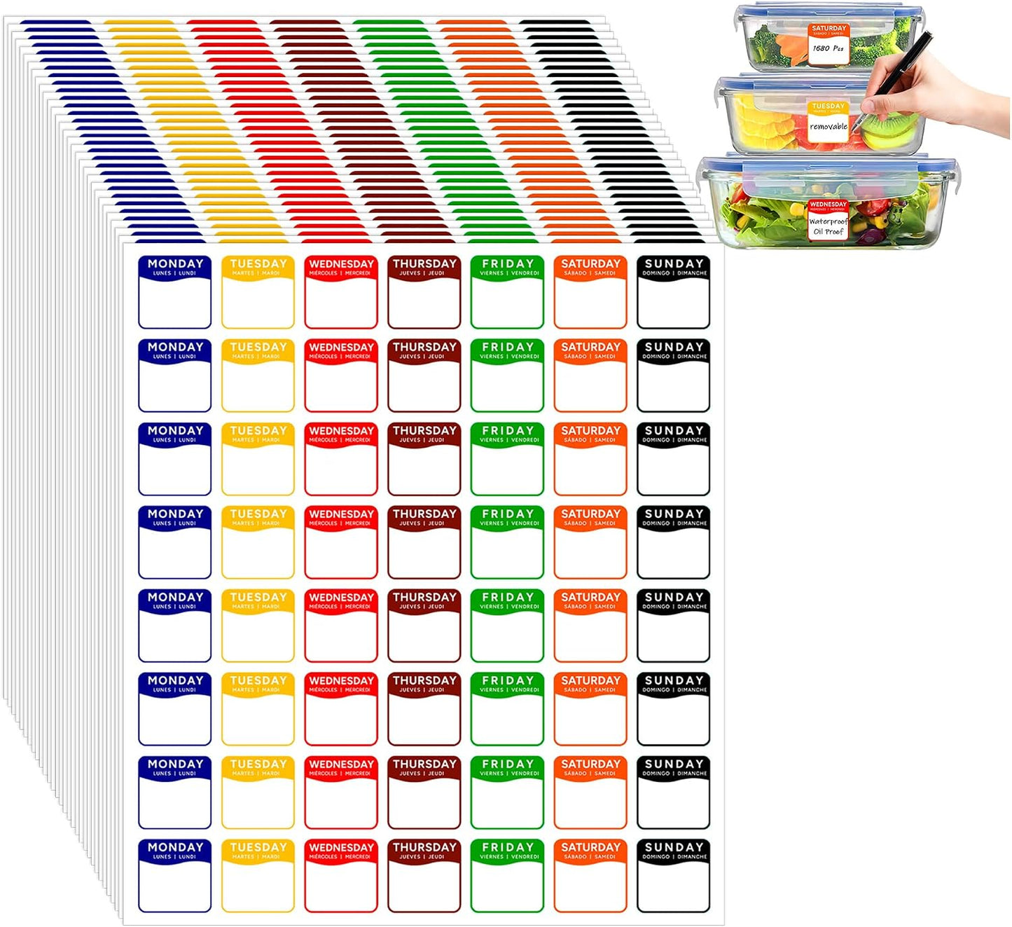 1680 Pcs 1" Square Day of The Week Labels, Removable & Writable Food Stickers in English/Español/Français for Restaurant Kitchen Containers and Inventory Management (Inches, 1 x 1)