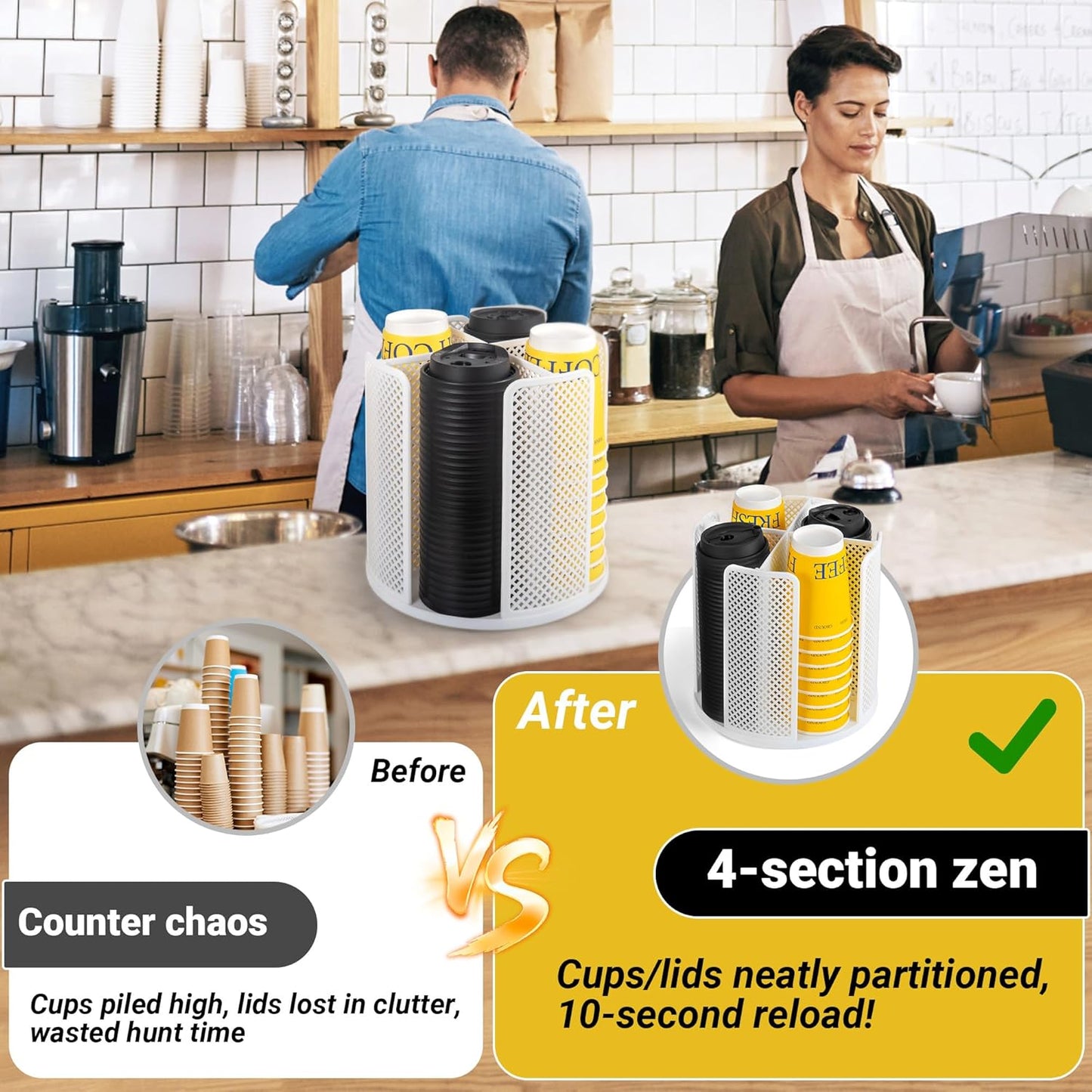 4-Compartment Rotating Paper Cup Holder & Coffee Cup Lid Storage Dispenser, Plastic Cup Dispenser Removable, Space-Saving Countertop Cup Holder for Coffee Bars, Kitchens (Black)