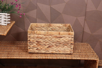 Rectangular Woven Water Hyacinth Storage Baskets with inside Handle for Shelves Bathroom Kitchen Office Desk (Style A)