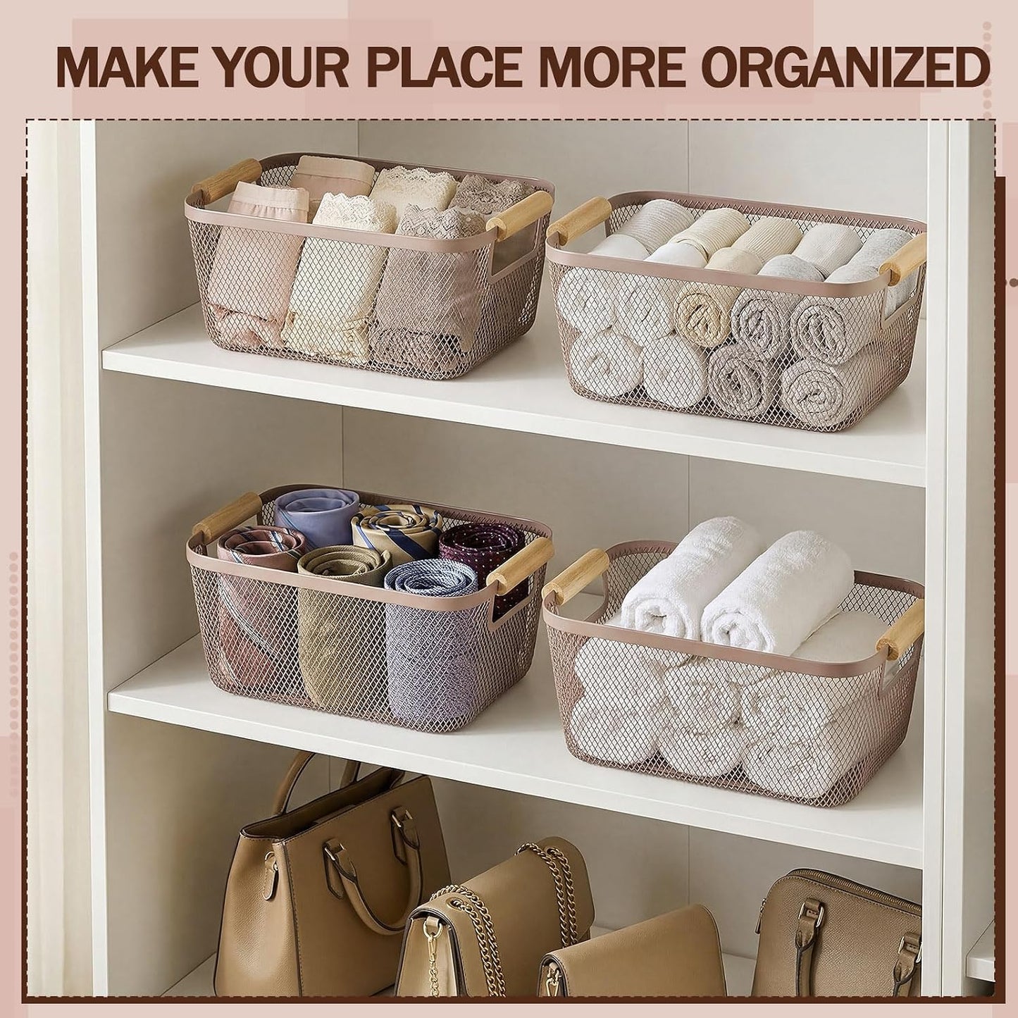 Mumufy 3 Pcs Metal Mesh Basket with Wooden Handles Wire Steel Organizer Bins Pantry Organizers Kitchen Baskets for Closet Cabinet Bathroom Fridge Food Snacks Organization (Warm Tapue,3 Sizes)