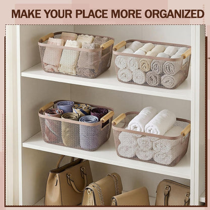 Mumufy 3 Pcs Metal Mesh Basket with Wooden Handles Wire Steel Organizer Bins Pantry Organizers Kitchen Baskets for Closet Cabinet Bathroom Fridge Food Snacks Organization (Warm Tapue,3 Sizes)