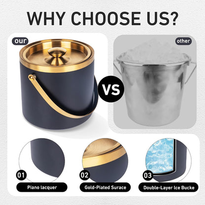 3L beige white Double Wall Insulated Stainless Steel Ice Bucket with scoop for Cocktail Bar,Metal Ice Bucket for freezer with Lid for parties.ice Container to Keep Ice Colder,bar cart accessories