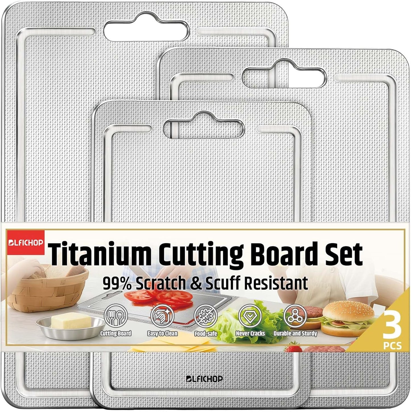 3-Piece Titanium Cutting Board for Kitchen, Double-Sided Scratch-Resistant Chopping Boards with Juice Grooves, Metal Cutting Boards with Non-Slip Mat, Dishwasher Safe for Fruit, Meat, Vegetables, Gray