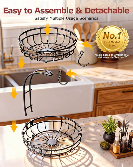 Sevenblue 2 Tier Large Fruit Basket for Kitchen Counter with Removable Banana Hanger - Sturdy Iron Fruit Bowl for Kitchen Counter and Vegetable Holder, Fruit Holder for Home Decor, Black