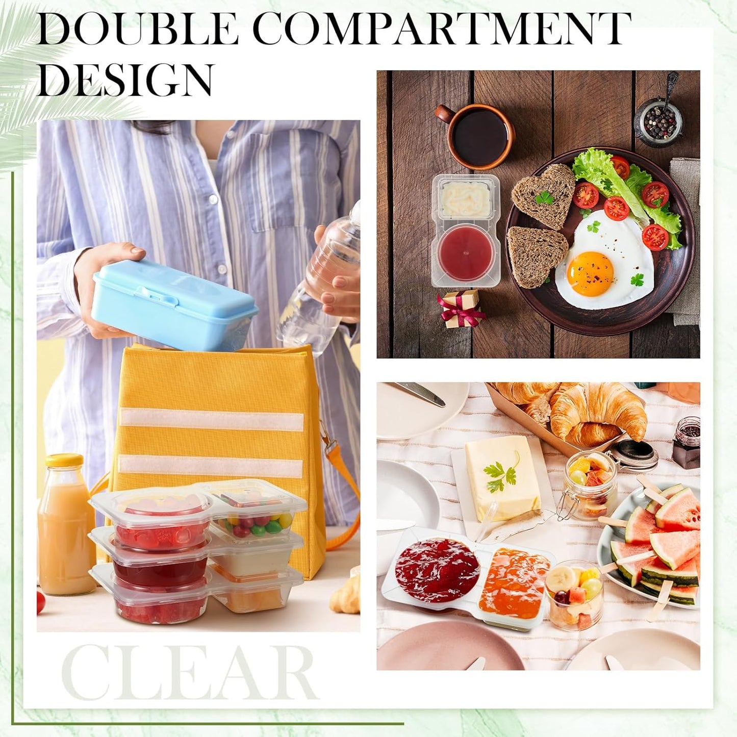 Blushtier 10 Pcs Pack Snack Containers with Lids, 5 oz Double Compartment Plastic Food Containers, Portable Divided Snack Cups for School, Office, Meal Prep, Sauces, Dips, On-the-go Camping (Clear)