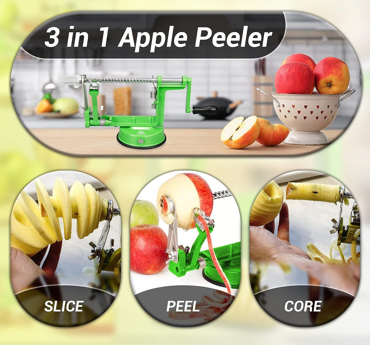 Apple Peeler Corer Slicer All in One – Apple Peeler Slicer Corer with Stainless Steel Blades, Multi-Function Apple Potato Peeler (Green Apple Peeler)