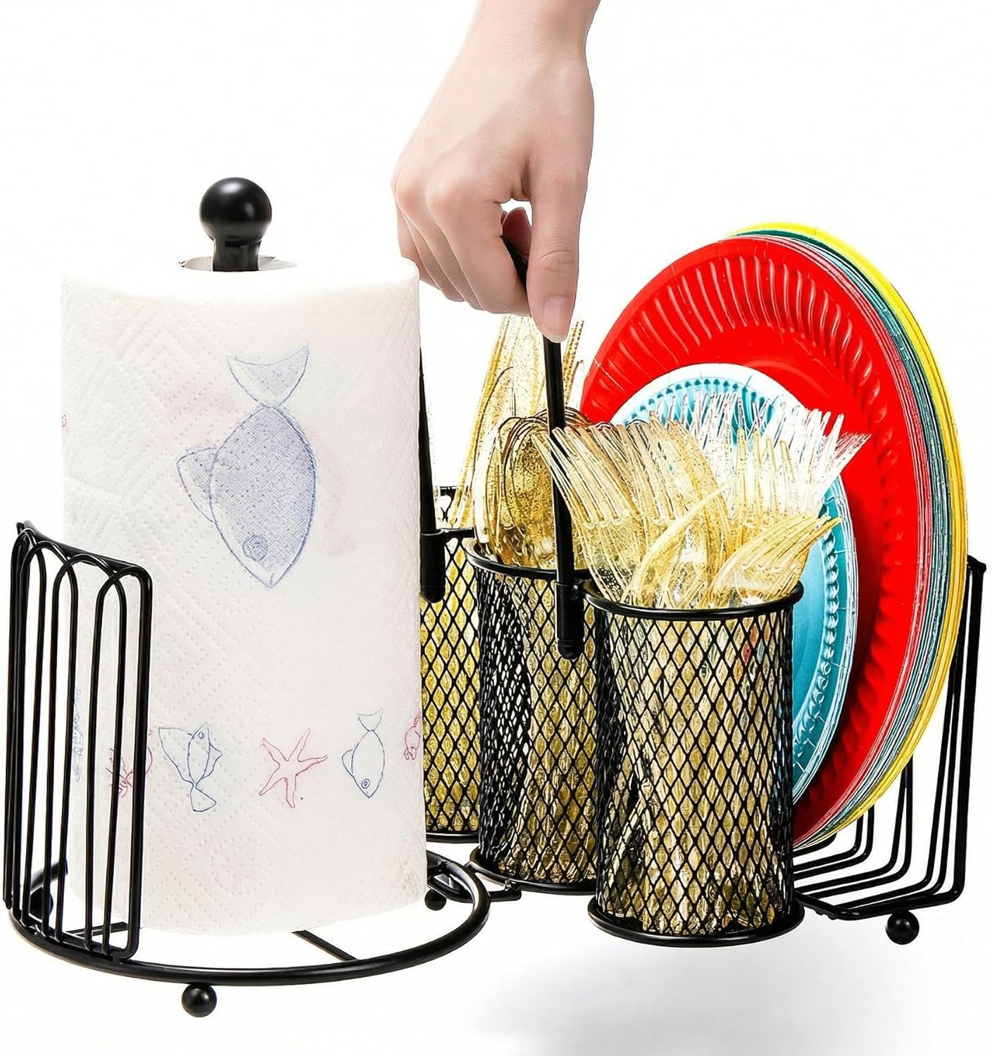 Elsjoy Picnic Utensil Holder Caddy with Handle & Paper Towel Holder, Metal Silverware Organizer Portable Flatware Holder for Cutlery, Fork, Spoon, Plate, Napkin