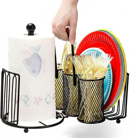 Elsjoy Picnic Utensil Holder Caddy with Handle & Paper Towel Holder, Metal Silverware Organizer Portable Flatware Holder for Cutlery, Fork, Spoon, Plate, Napkin