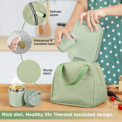 Bento Lunch Box Set with 10.5oz Soup Thermo Food Jar for Adults Kids, Stainless Steel Leak-proof Lunch Container with 4 Compartment, Coffee Tumbler with Lunch Bag for School Travel Office-Grey