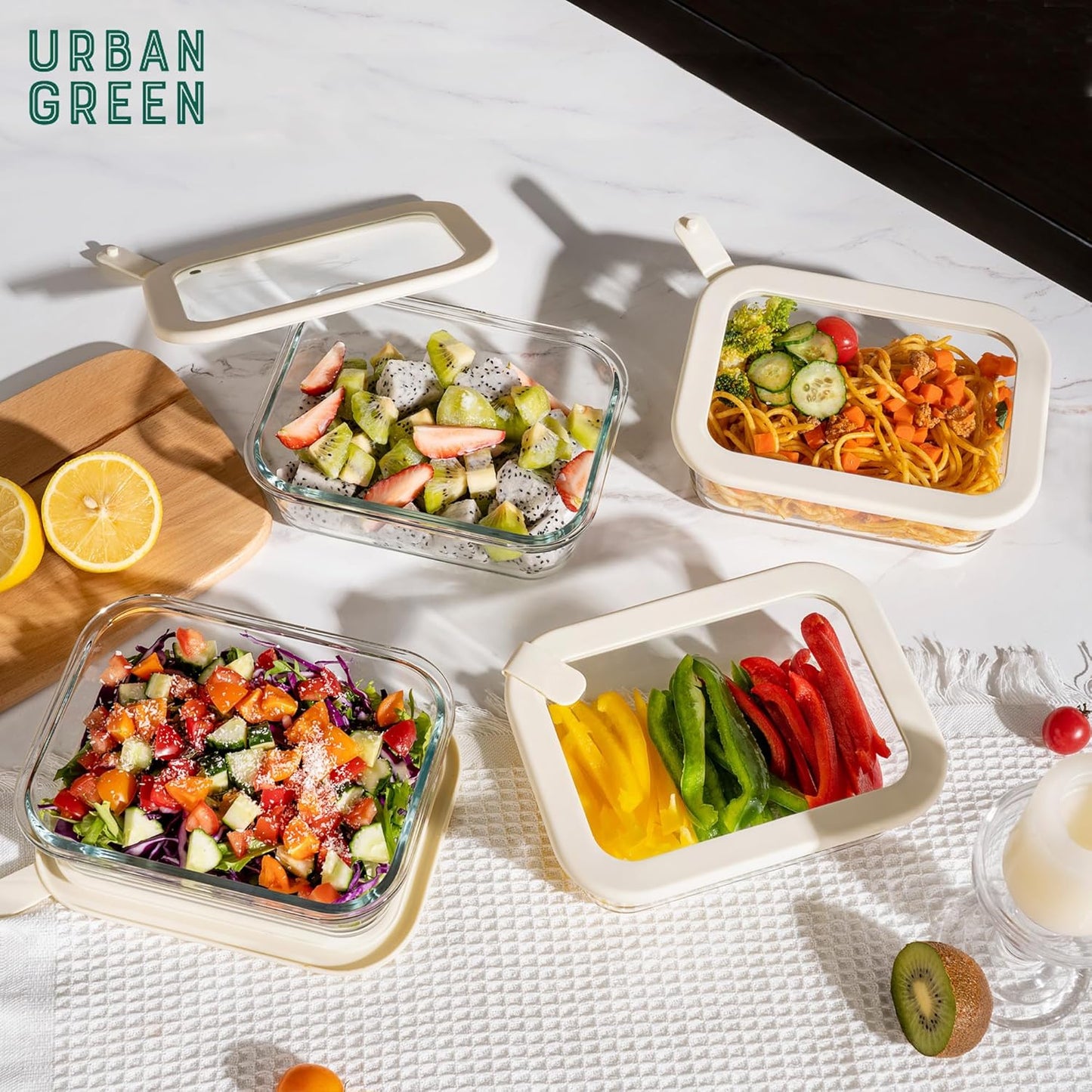 Urban Green Glass Food Storage Containers with Glass Lids, Microwave Safe Food Container Set, Aitight Meal Prep Container Set, LeakProof, 100% Plastic Free, 6 Pack