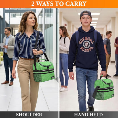 opux Insulated Lunch Bag for Men Women, Double Decker Leakproof Lunch Box Cooler Tote with Shoulder Strap, Large Lunchbox for Work School Travel Meal Prep, Adults Kids Boys Girls, Green, 16 Cans