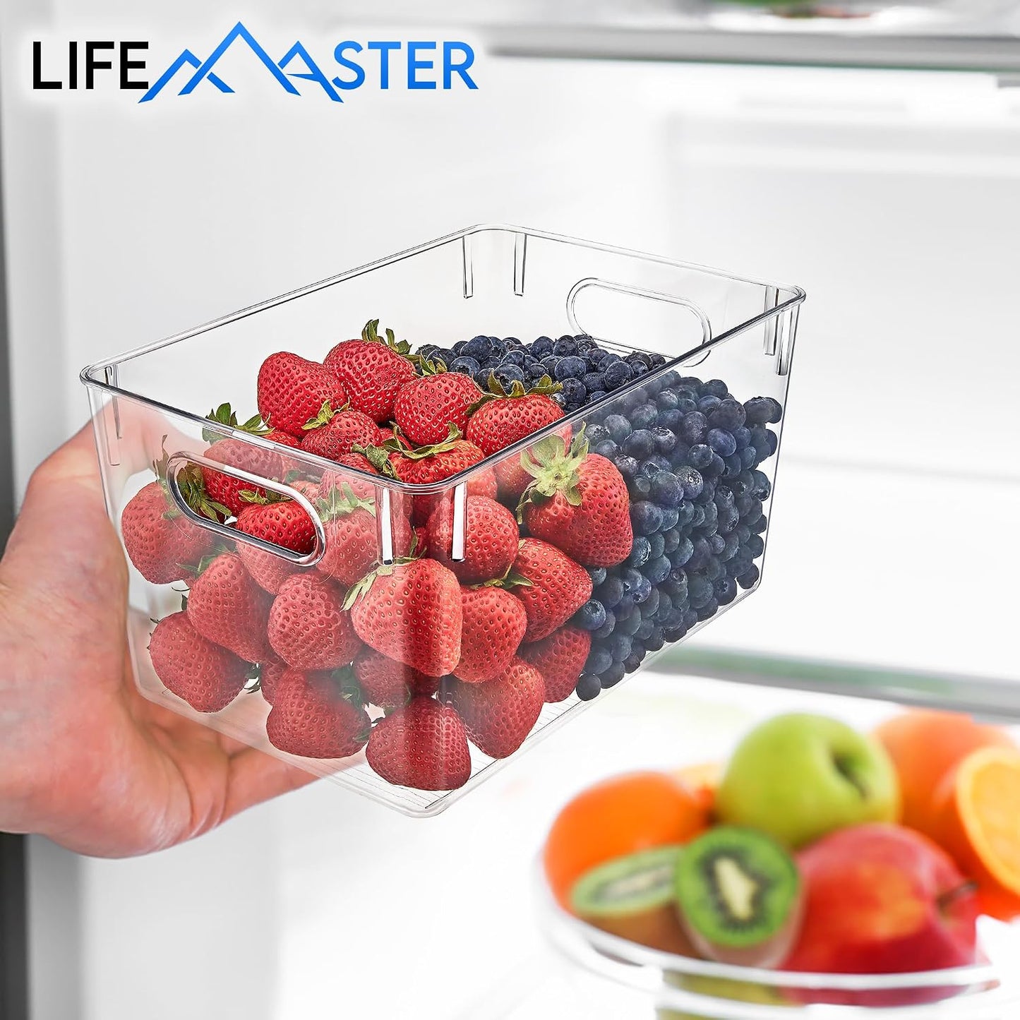 Lifemaster Multi-purpose Refrigerator Bins - 6 pieces Large Capacity Stackable Fridge Bin Organizer with Easy Grip Handles - Clear