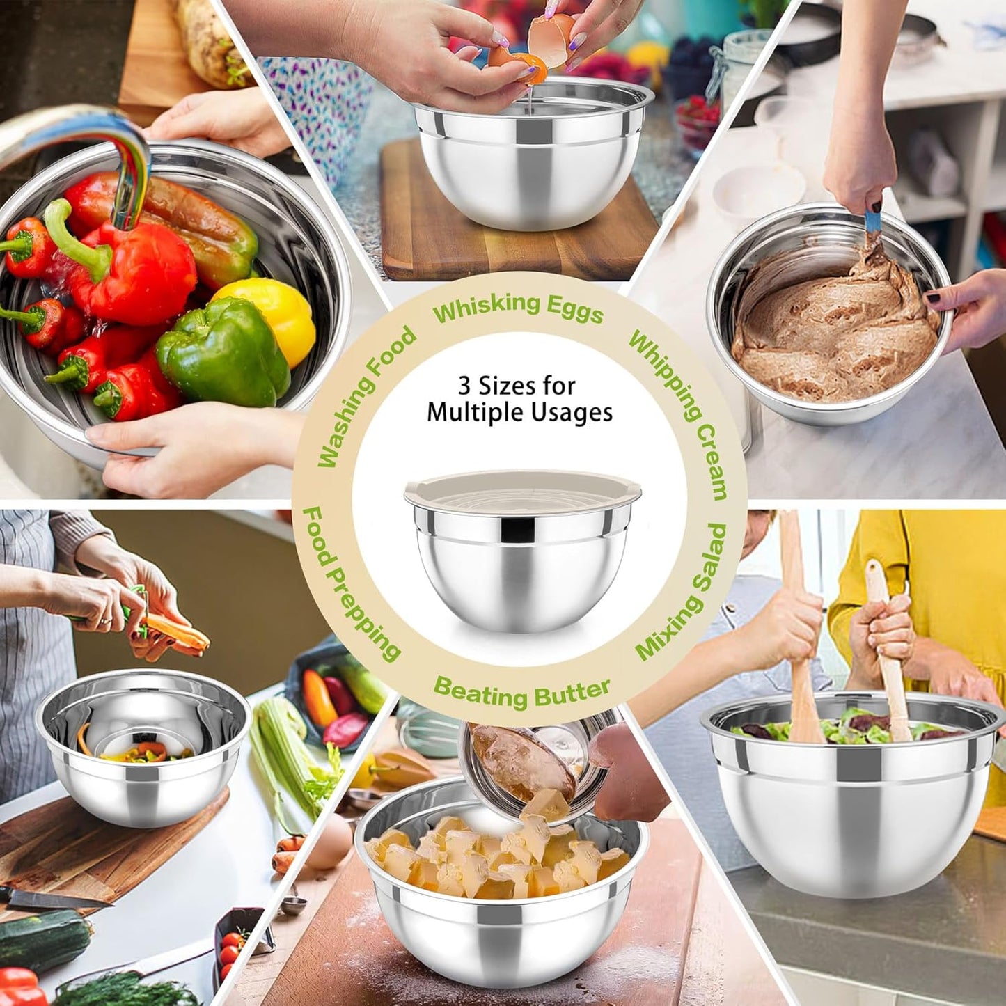 P&P CHEF Black Mixing Bowls with Lids, Set of 3, Stainless Steel Salad Nesting Bowl for Mixing, Storing, Prepping, Airtight & Stackable, Size 4.6/3 /1.5 QT