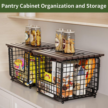 Wire Storage Basket for Kitchen Pantry: GGIU Stackable Kitchen Counter Organizers - Wire Organizing Bin for Produce Fruit Vegetable Potato and Onion Black