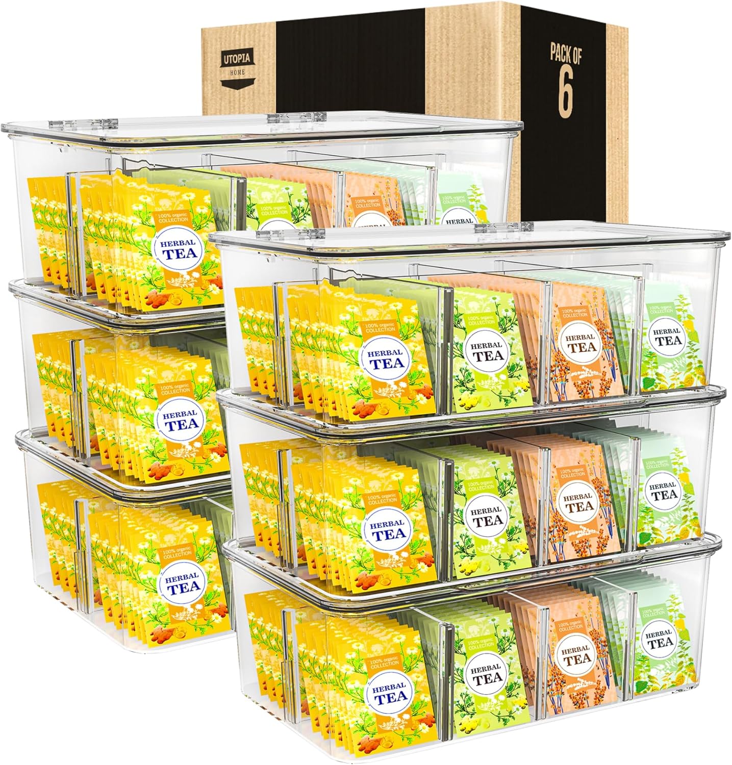Utopia Home - Tea Bag Organizer With Lids, (2 Pack) Clear Pantry Storage Box - Stackable Partition Organizers or Holder With Lids For Drawers, Countertops, Fridge, Kitchen, Snack & Spice Organization