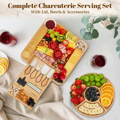 CAWIU Bamboo Charcuterie Board Set with Lid, Drawer and Fruit Tray, Black