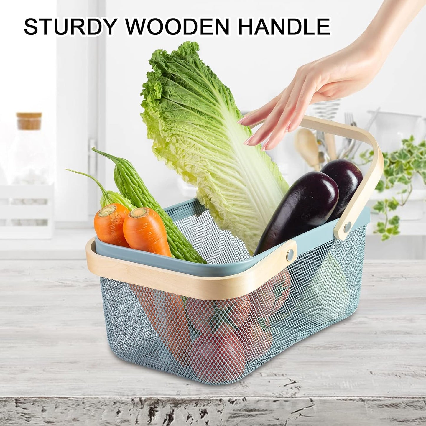 Portable Garden Harvest Basket-Mesh Design Natural Bamboo Handle Wire Storage Baskets,Mesh Basket with Handle Organize Items Reduce Space Occupation,Suitable for Kitchen,Garden,Picnic(Black)