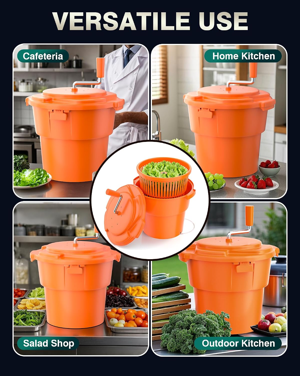 WantJoin Commercial Salad Spinner - 6 Gallon Salad Dryer w/Silicone Draining Hose, Orange, 24Qt Manual Salad Spinner for up to 7 Heads of Lettuce Spinner Large for Catering