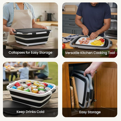 BBQ Prep Tub 2 Pack (8L+8L) - Multifunctional Collapsible Camping Cutting Board with Upgraded Locking Lid, Meal Prep Meat Storage Container Perfect for Grilling, Outdoor Cooking (Large x 2)