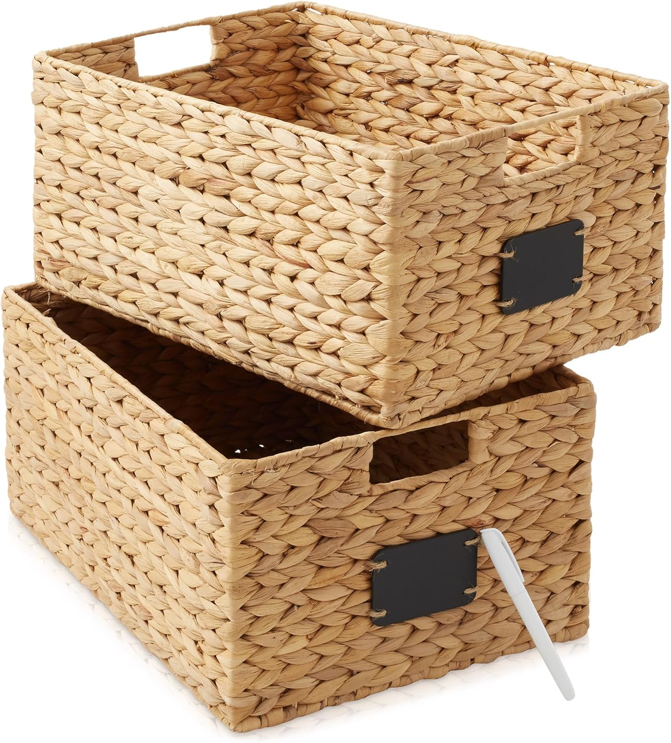 Casafield Set of 4 Water Hyacinth Pantry Baskets, 10" x 13" x 5", with Chalkboard Labels and Chalk Marker - Natural, Woven Storage Bin Organizers for Kitchen Shelves