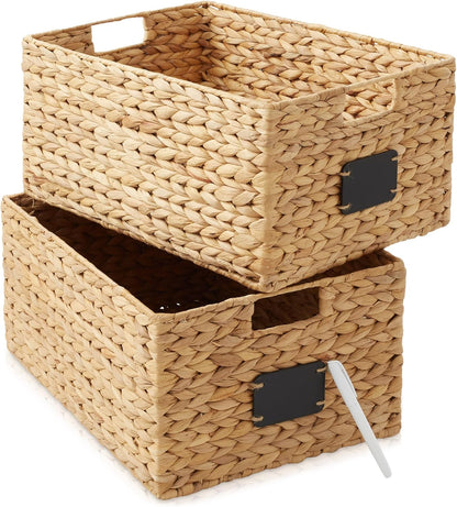 Casafield Set of 4 Water Hyacinth Pantry Baskets, 10" x 13" x 5", with Chalkboard Labels and Chalk Marker - Natural, Woven Storage Bin Organizers for Kitchen Shelves