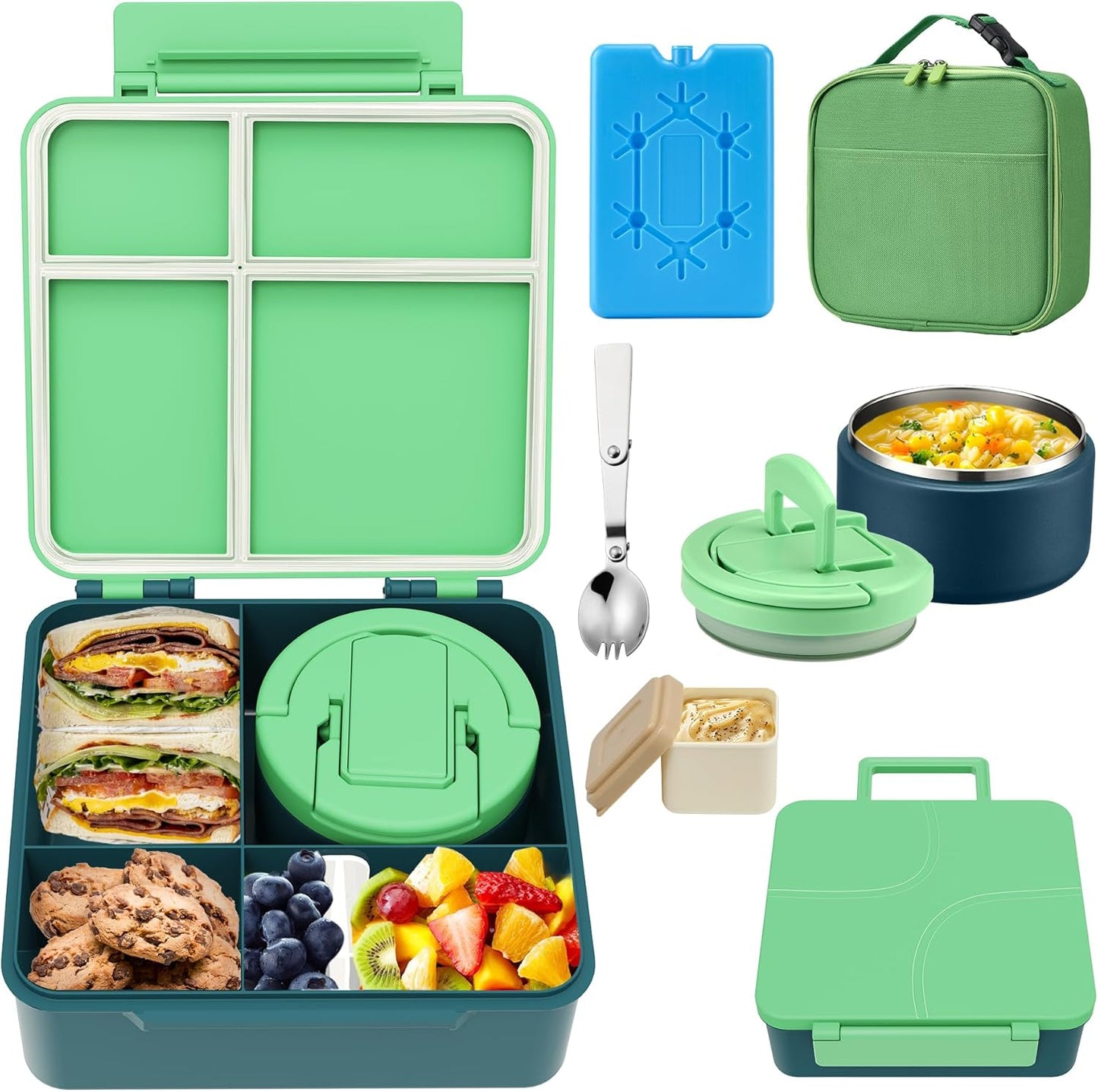 MAXSO Bento Lunch Box Set with 8 oz Soup Thermo, Kids Leakproof 4 Compartments Hot Food Container with Sauce Cup, Ice Pack and Lunch Bag, Child Insulated Food Jar for School - Black