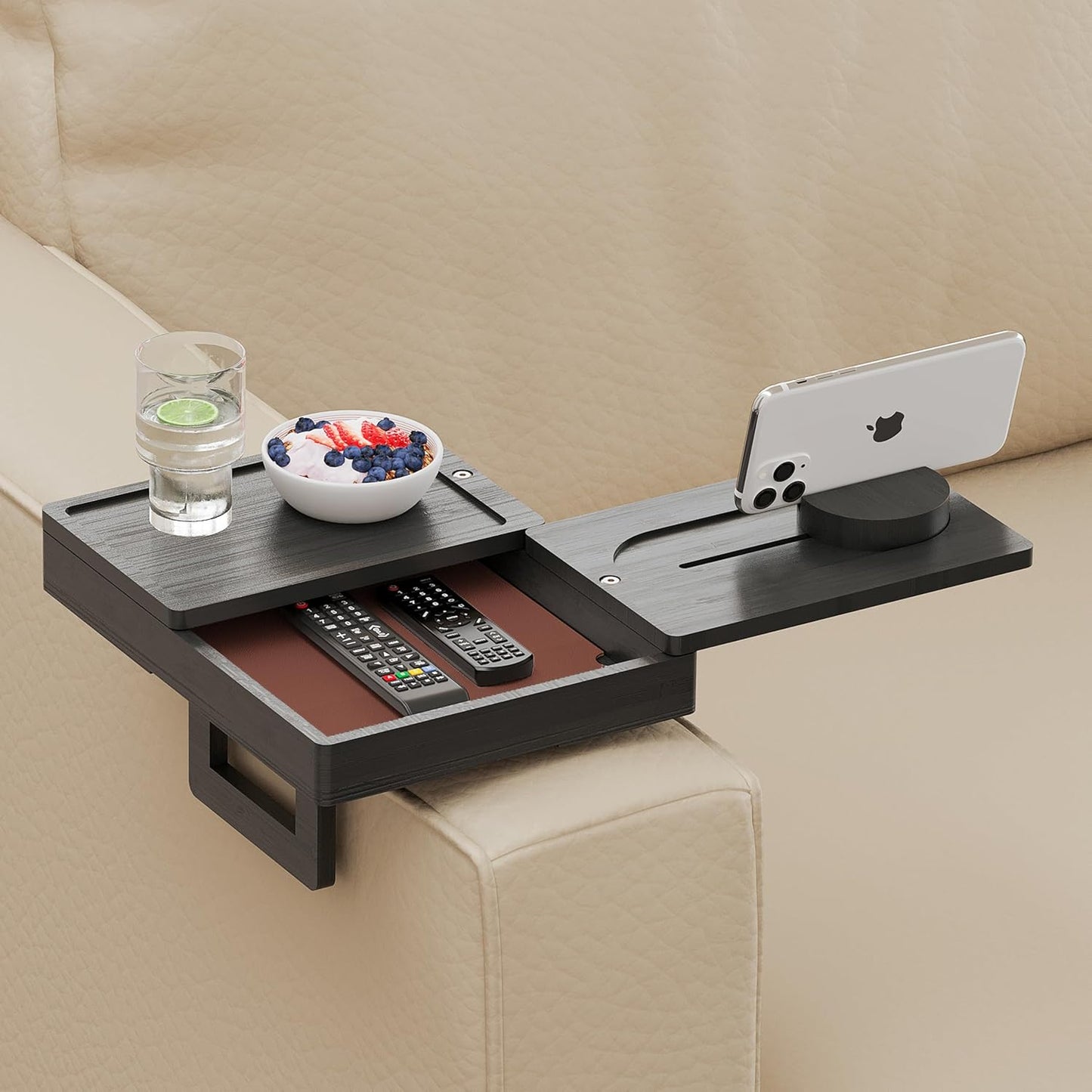 Wealone Bamboo Couch Arm Tray with 2 Rotatable Tray, Adjustable Sofa Arm Clip Table with Storage Box & 360° Phone Holder, Couch Armrest Table for Snacks, Drinks or Dining