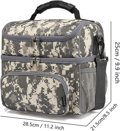 FlowFly Double Layer Cooler Insulated Lunch Bag Adult Lunch Box Large Tote Bag for Men, Women, With Adjustable Strap,Front Pocket and Dual Large Mesh Side Pockets