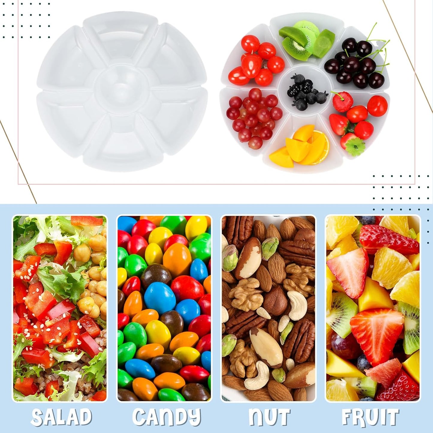 Zhehao 4 Pcs Sectional Heavyweight Plastic Divided Plates Serving Trays with 40 Disposable Forks 10.6" 7 Section Round Chip Dip Plate Snack Food Platter for Nut Candy Veggie Fruit (Blue)