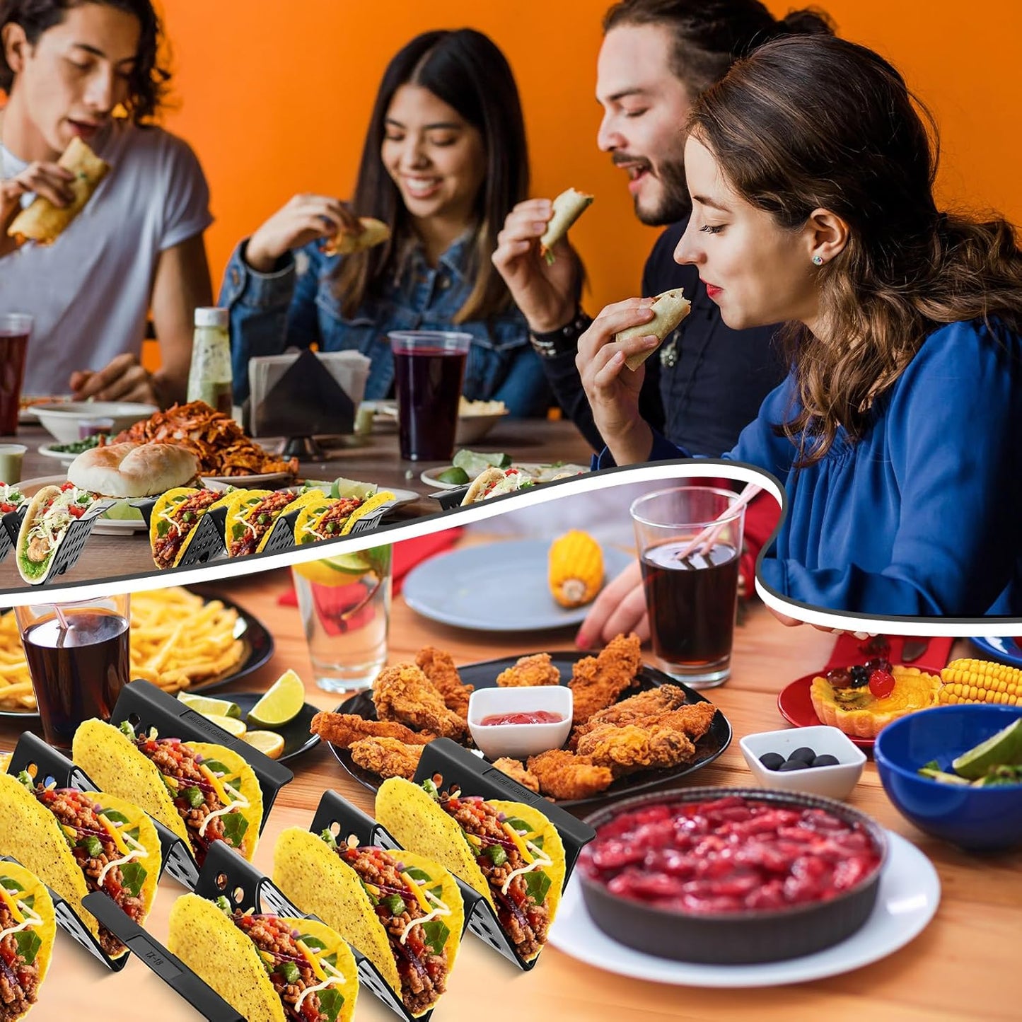 Baderke Mexico Taco Holder Stands Set of 6 Black Large Tray Plates Plastics Hollow Holder for Taco Night Tuesday Carnival Party Supplies, Dishwasher Microwave Safe