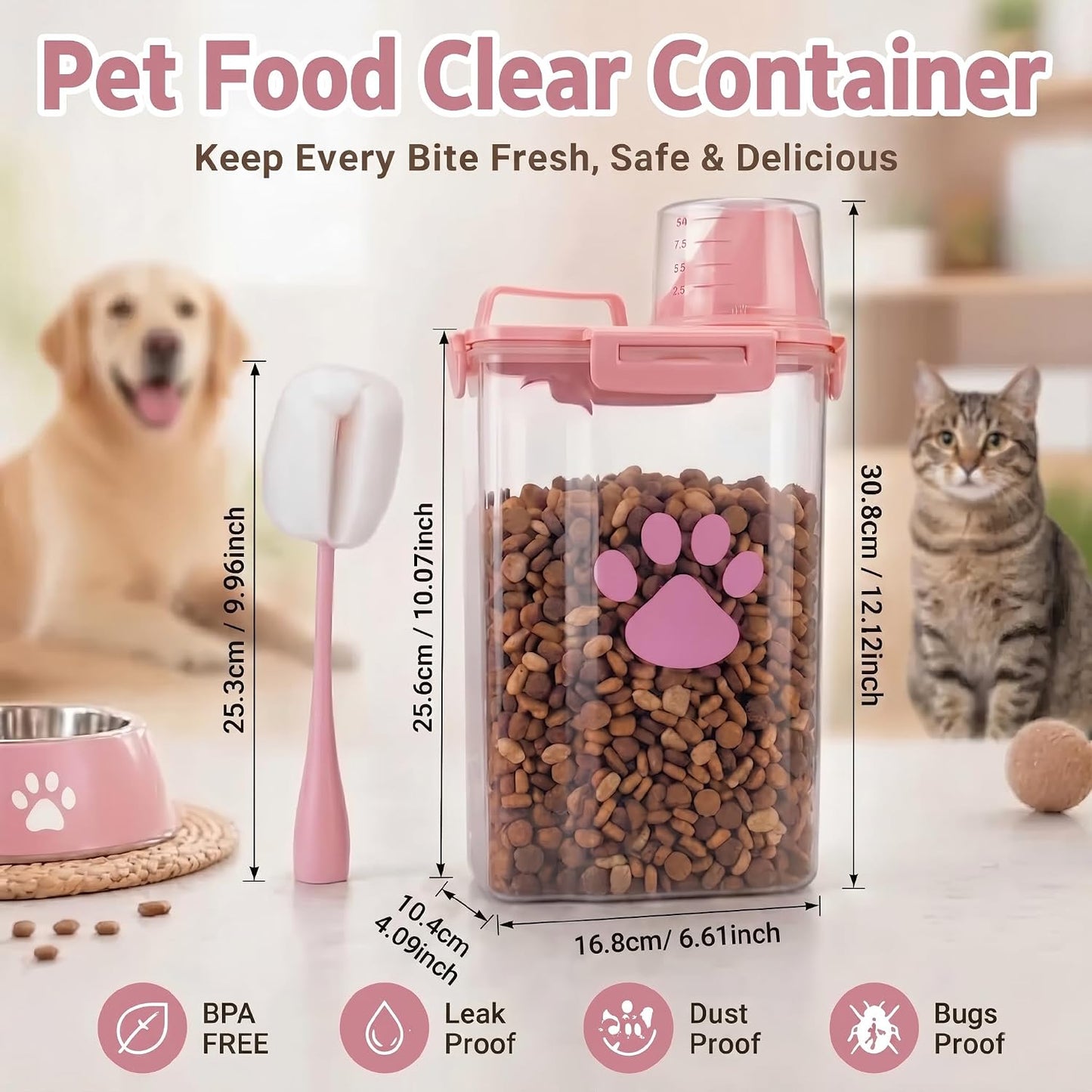Dog Storage Container with cleaning brush,Measuring Cup,Portable Pet Food Containers with Upgraded Large Spout and Cup for Dogs,Cats,Birds,Small Animals(White)