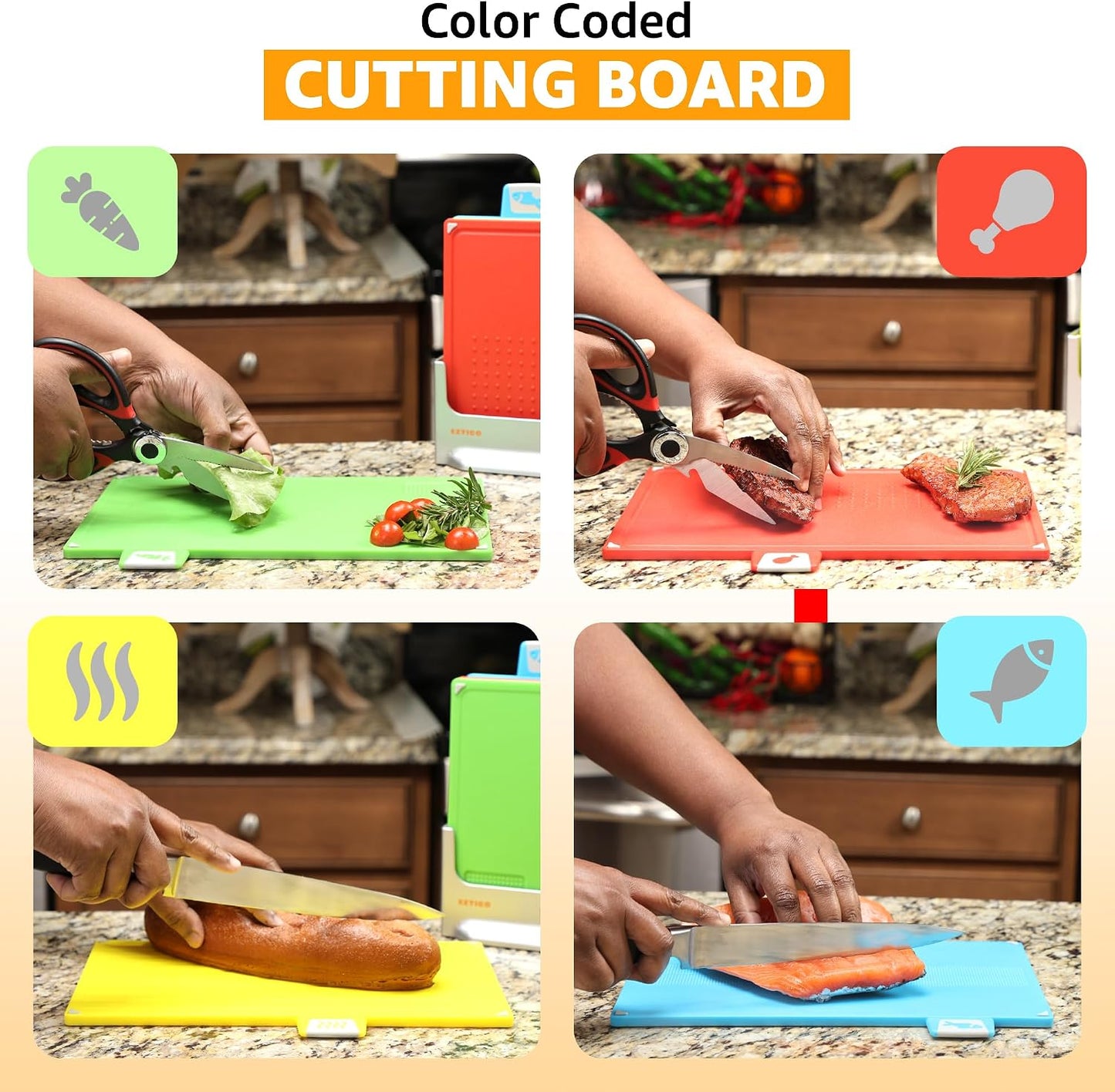 Cutting Board Set: 4-Piece Color-Coded, Non-Slip, BPA-Free, Perfect kitchen essentials for new home, Dishwasher Safe with Premium Scissors and Chopping Board Organizer, Quality kitchen stuff.