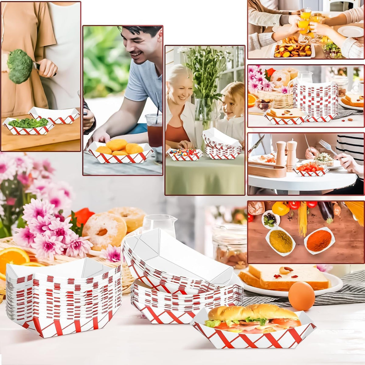 100 Pack 2lb Paper Food Trays, Heavy-Duty Paper Food Boat Disposable Serving Basket Tray for French Fries Nachos Snack Hot Dog Taco BBQ Popcorn Party Picnic Wedding Party (Brown)