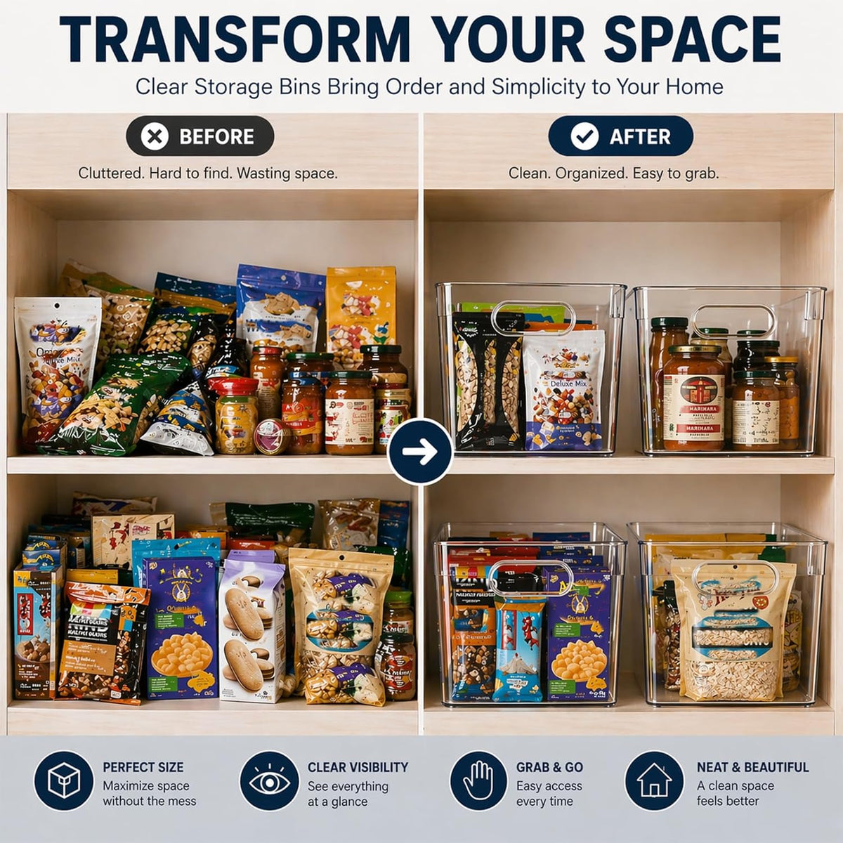 MOONEDGE 6 Pack Clear Organizer Bins 11x8x6in Pantry Organizers and Storage | Clear Containers for Organizing, Plastic Storage Bins with Handles for Drawer, Craft, Fridge, Kitchen Cabinet Shelf