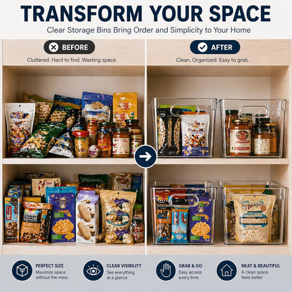 MOONEDGE 6 Pack Clear Organizer Bins 11x8x6in Pantry Organizers and Storage | Clear Containers for Organizing, Plastic Storage Bins with Handles for Drawer, Craft, Fridge, Kitchen Cabinet Shelf