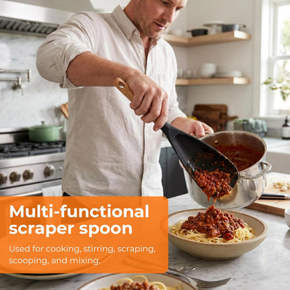 Cooking Spoon Multifunction Spoonula Silicone Spatula Spoon 2-Pack, Dual-Use Heat Resistant 446°F, BPA-Free Non-Toxic Wooden Handle Rice Spoon Set for Non-Stick Cookware & Rice Cookers (Black)