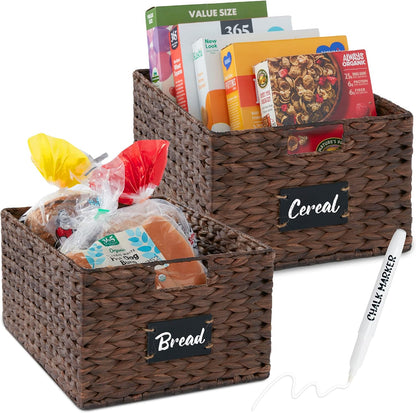Best Choice Products Set of 4 9x12in Water Hyacinth Pantry Baskets, Woven Organizers w/Chalkboard Label, Chalk Marker - Natural