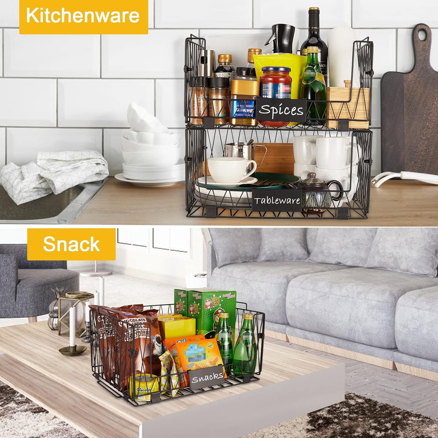 4 PACKS XXL Kitchen Organization and Storage Pantry Baskets, Fruit & Vegetable Basket for Kitchen Cabinet, Stackable Wire Baskets for Snack Chips Onion Potato Cans